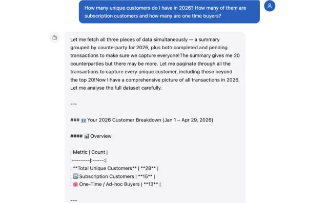 Chat answering a question about top customers with a real data table