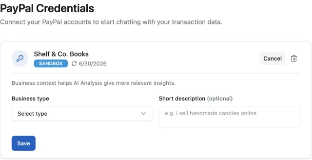 PayPal credential card with the business-context fields open
