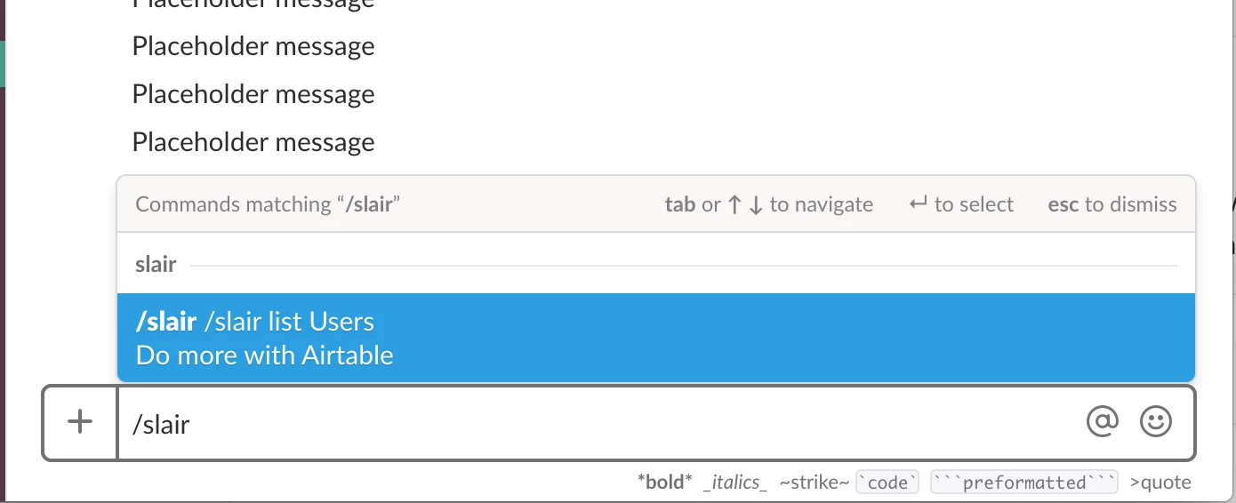 Slair's Slack slash command showing available actions