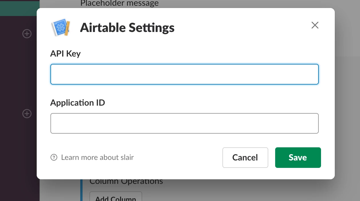 Slair's Airtable record add dialog inside Slack