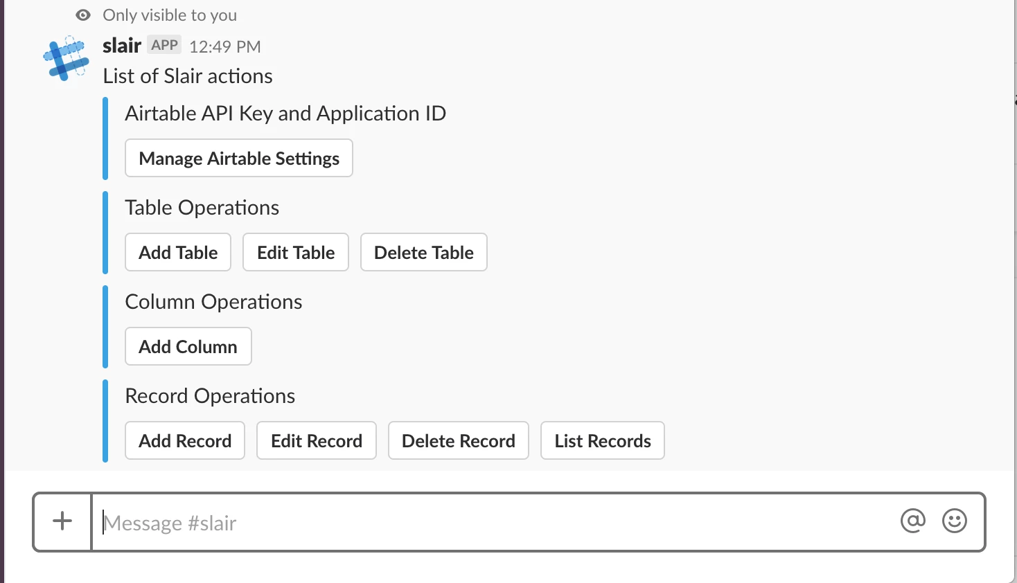 Slair's table and column picker inside Slack
