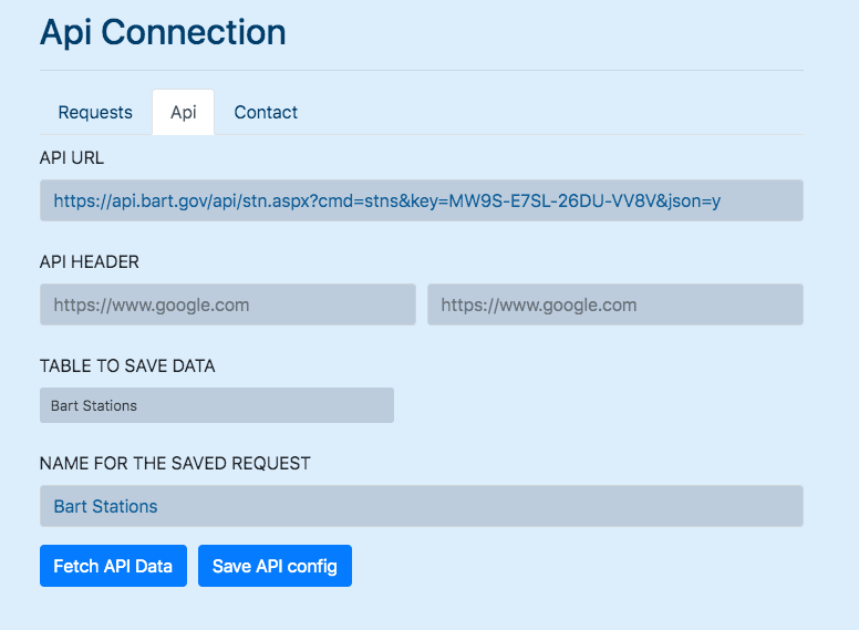 The API Connection app's configuration screen inside Airtable, showing the API URL field, headers, and table picker